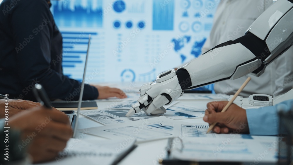 Poster a dynamic scene showing a robotic hand participating in a business meeting focused on data analysis,