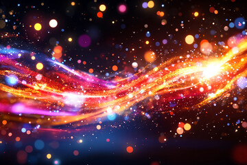 Chaotic explosion of vibrant red, gold, and white light beams radiating energy, celebration, and electrifying crowd movement