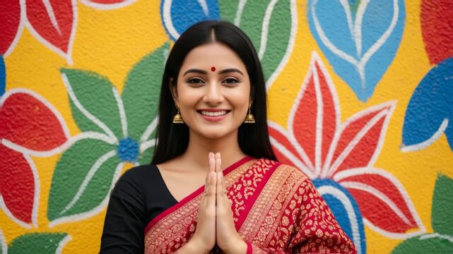 Joyful Indian Woman Offering Namaste Against Colorful Mural generative ai