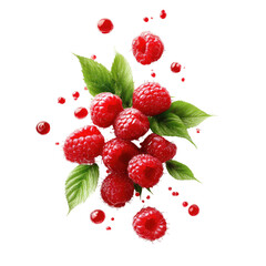 Fresh raspberries with leaves and juice