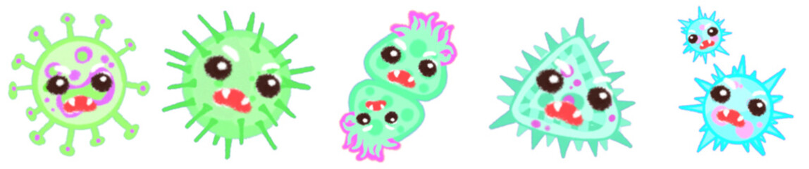 Colorful Cute Virus Clipart Set – Funny Cartoon Germs and Bacteria with Big Eyes – Science and Health Education Decor – Microbe Characters for Kids Projects, Posters, Stickers, and Digital Use