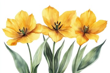 Fototapeta premium Bright yellow tulip flowers in a spring garden, isolated against a clear backdrop