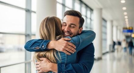 Man happily embracing woman in airport terminal reunion