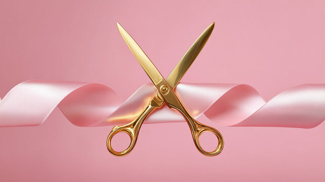 Elegant composition of golden scissors cutting a pink satin ribbon on a soft pink background — symbolizing a grand opening or ceremonial event.


