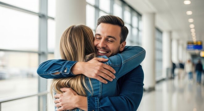 Man happily embracing woman in airport terminal reunion