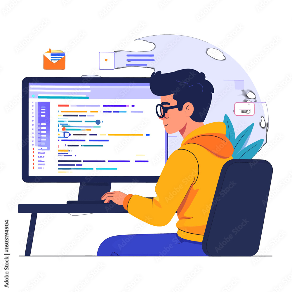 Wall mural man coding on computer illustration