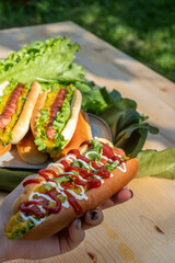 Hand holding a delicious hot dog topped with ketchup and mayonnaise, surrounded by fresh lettuce and additional hot dogs on a wooden table, evoking a summer picnic atmosphere