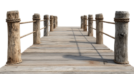 Wooden Pier with Rope Railing on Transparent Backdrop