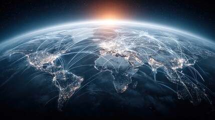 Digital world map with glowing connections across continents, depicting global networking and technology