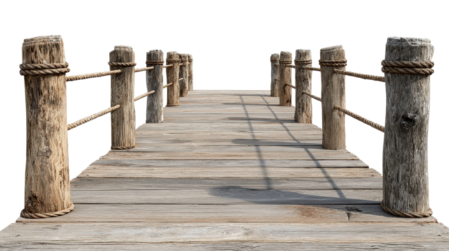 Wooden Pier with Rope Railing on Transparent Backdrop