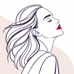 Elegant Woman Profile Line Art with Red Lips