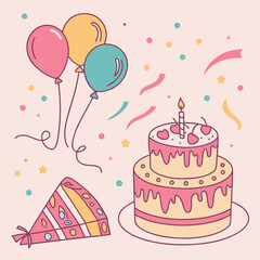 Birthday Party Illustration with Cake and Balloons