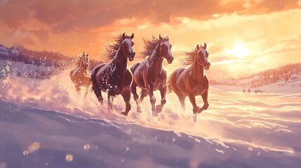 Dynamic New Year's painting of galloping horses in a winter landscape with soft snow details warm highlights and a festive yet serene atmosphere to embody fresh beginnings and energy