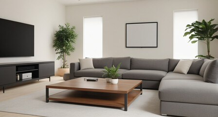 Obraz premium Beautiful modern living room with gray sofa and wooden console in a minimalist neutral space with green plants