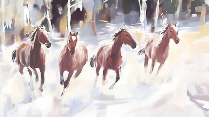 Dynamic New Year's painting of galloping horses in a winter landscape with soft snow details warm highlights and a festive yet serene atmosphere to embody fresh beginnings and energy