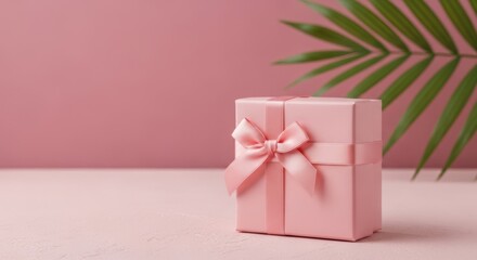 A beautifully wrapped pink gift box with a satin ribbon and bow sits elegantly on a pastel surface with a tropical leaf