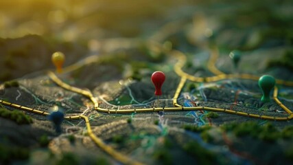 Close-up view of a map with various colored pins marking locations