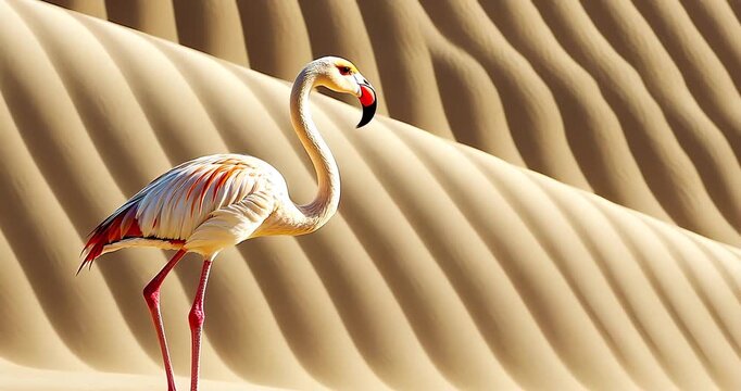 A flamingo walks gracefully across the desert sand dunes.