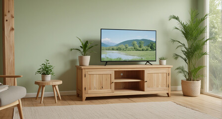 Beautiful minimalist living room with wooden TV stand and green accents in a soft, natural space