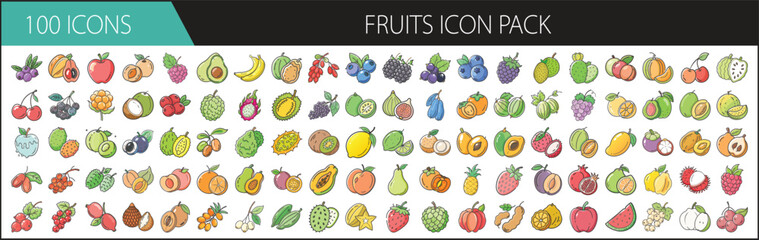Colorful Fruit Icon Pack with 100 Hand-Drawn Items - A bright and playful set of 100 fruit icons in cartoon style, featuring tropical, exotic, and common fruits for food and health designs.