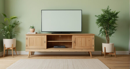 Beautiful minimalist living room with wooden TV stand and green accents in a soft, natural space