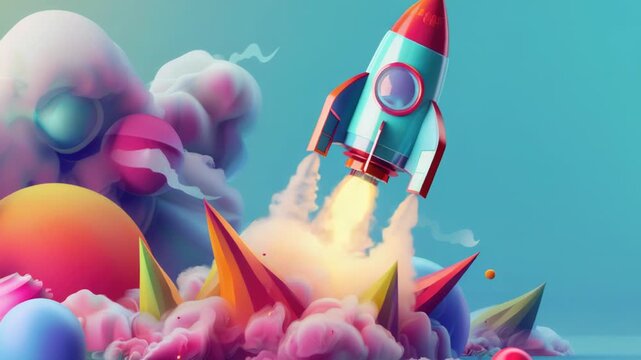 A rocket soaring through the air surrounded by colorful balloons, perfect for a celebration or party scene