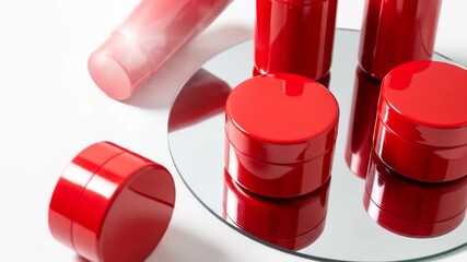 Red Cosmetic Jars Rotating on Glass Surface, Beauty Product Presentation - Powered by Adobe