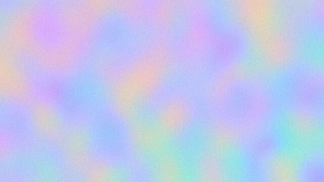 Holographic foil abstract background with blur and grain noise texture. Pastel gradient in soft blue, light green, pale yellow, peach orange, pink, lilac, violet colours. Iridescent aesthetic design