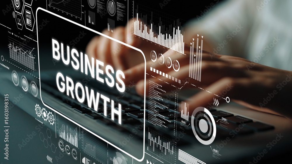 Poster hands typing on keyboard with business growth graphics and data visualizations concept. asymptotic s