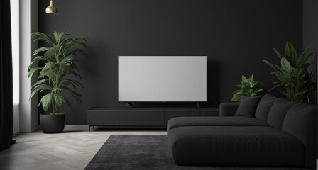 Beautiful modern living room with white tv screen and green plants in a minimalist dark space