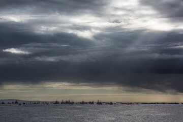 Maritime procession of Carmen in Cambados. Group of boats participating in the maritime procession in the Arousa estuary.