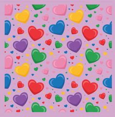 Vector art of a cheerful pattern of colorful hearts on a light purple background perfect for valentines day and romantic designs