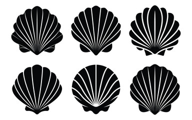 Six stylized scallop shell silhouettes; elegant, graphic design elements; nautical, ocean theme; vector format; perfect for branding.