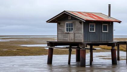 A weather-beaten steel and timber cabin sits on rusted pylons over a tide-worn inlet, its corrugated walls streaked with salt and patina.
