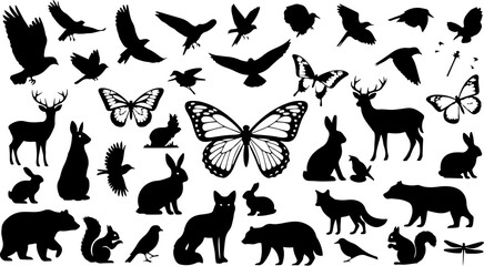 Vector art of diverse collection of animal silhouettes birds butterflies deer rabbits foxes bears