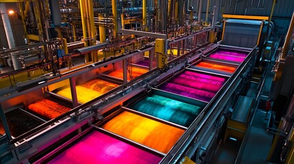 Fabric dyeing machine with a conveyor belt running through large dye tanks the fabric emerging brightly colored demonstrating the scale and complexity of automated dyeing in large textile plants