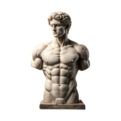 Classical marble sculpture of a muscular male torso on a pedestal isolated on transparent background