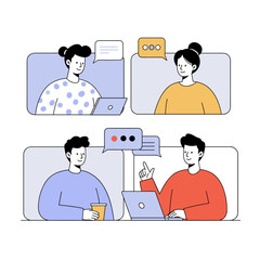 Coworkers engaged in video call conversation with chat bubbles  