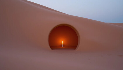 A retreat of smooth clay and silence sits within wind-sculpted dunes, its only adornment a flickering candle at twilight.
