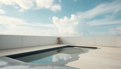 A pool of rainwater gathers on a sunken terrace of pale concrete, reflecting clouds and the lonely outline of a single chair.
