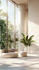 Modern, sunlit interior with large windows (1)