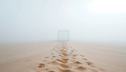 A narrow path of sand leads to a frameless glass cube, barely there against a sky washed in fog and soft gull cries.
