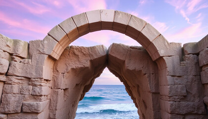An archway carved from sea-worn limestone reveals a sky brushed with fading lavender, where waves whisper like memory.
