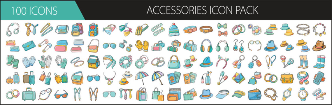 Fashion Accessories Icon Pack with 100 Colorful Items - Collection of 100 cartoon-style fashion accessory icons, including bags, glasses, hats, jewelry, and more for style and retail design. 