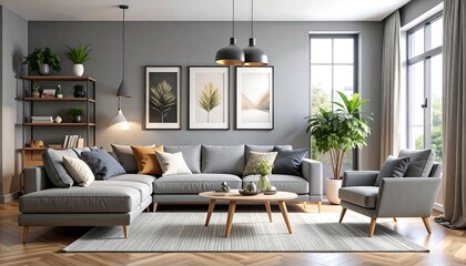 Modern living room interior with gray sofa, natural light and minimalist decor