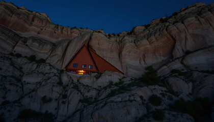 A sharp-edged retreat carved into the cliff face, its burnt-wood façade disappearing into the velvet blue night.
