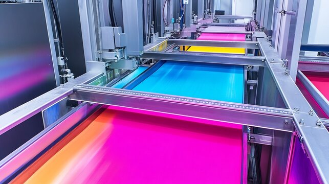 Fabric dyeing machine with a conveyor belt running through large dye tanks the fabric emerging brightly colored demonstrating the scale and complexity of automated dyeing in large textile plants