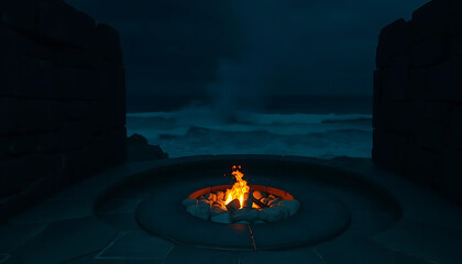 Dark limestone walls wrap around a recessed fire pit, the only warmth in a vast coastal night, surrounded by crashing waves.
