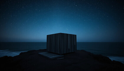 A minimalist cube of charred timber sits like a sentinel on the coastal edge, defiant in darkness, framed by constellations.
