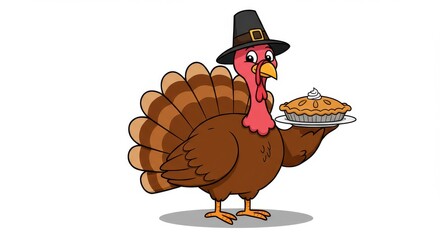 Cartoon thanksgiving turkey wearing pilgrim hat holding pie